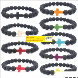 Frisado 8mm preto lava pedra grânulos colorf cruz encantos elástico pulseira pulseira para mulheres homens jóias jiaminstore gota entrega dhtag ll