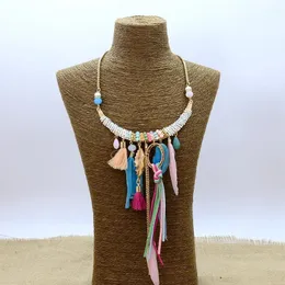 Pendant Necklaces Plastic Rice Beads Statement Feather Tassels Neck Short Chain Women Ethnic Jewelry Female Collar Bijoux N15559