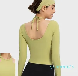 Ribbed Long Sleeve Shirts Hangs Neck Sweatshirt Soft Against Skin Dance Yoga Tops Elastic Quick Dry T-shirts Slim Fit Running Shirt