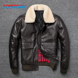 Mens Leather Faux Air Force flying jacket fur collar top layer cowhide mens black brown winter 231118