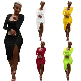 Roupas femininas Vestidos de grife Saia bodycon Sexy Cor sólida Gola quadrada Malha Magra Manga comprida Dividida Vestido maxi Roupas de clube