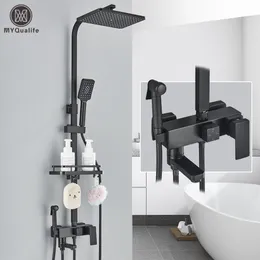 Badezimmer-Duschköpfe, schwarzes Messing-Wasserhahn-Set, Regenfall-Badewannenarmatur mit Ablage, 4 Funktionen, höhenverstellbarer Mischkran, schnelle Lieferung, 230419