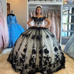 فساتين الأميرة السوداء Quinceanera قبالة الكتف الدانتيل مشد الحلو 16 فستان 3D الزهور