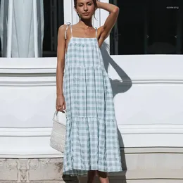 Casual Dresses 2023 Summer Women's Blue Plaid Bowknot Sling rak överdimensionerad lång klänning för damer alla matcher mod ärmlös