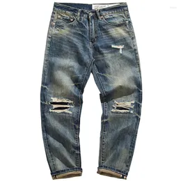 Jeans masculinos vermelhos denim homens outono e inverno americano casual decadência retro rasgado remendo calças de cone reto