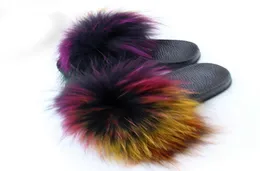 Coolsa New Fox Fur Slippers Real Fur Slides Fluffy Fox Hair Sandalen PU Flat Women Fuzzy Home Flip Flop Beach Shoes1452417