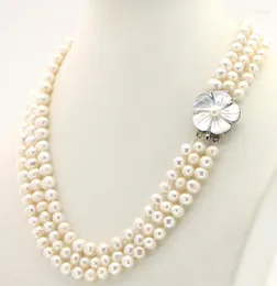 Choker HABITOO 3 Row 7-8mm Freshwater Pearl Necklace Shell Flower Clasp 17-19 Inch Jewelry For Women Charming Gifts Daily Wear