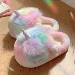 Slippers 2023 Cute Colorful Unicorn Women Fluffy Fur Platform Indoor House Shoes Winter Cartoon Animal Cozy Home Slides 231120