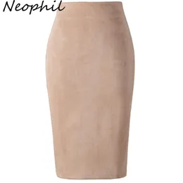 Skirts Neophil Winter Women Suede Midi Pencil Skirt High Waist Gray Pink XXL Sexy Style Stretch Wrap Ladies Office Work Saia S1009 230420