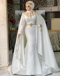 Elegant Muslim Hijab Mermaid Wedding Dresses With Long Wrap Ivory Satin Long Sleeves Ivory Bridal Gowns High Neck Islamic Women Formal Wear 2023