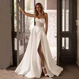 2024 modernes Hochzeitskleid Schatz Perlen Side Split Korsett Satin Dubai Frauen A-Linie Braut Kleider nach Maß Vestidos De Novia Robe De Mariage