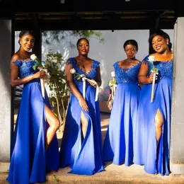 Royal Blue Bridesmaid Dress Lace Cap Sleeve Sheer Neck Side High Split Chiffon Bridesmaids Party Gowns vestido de festa de