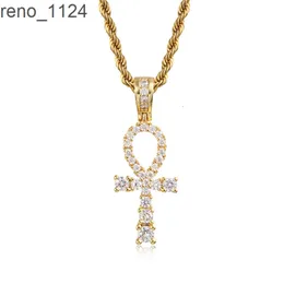 Mode smycken grossist porslin hiphop hängen guldpläterad is ut zirkonium diamant ankh cross hänge halsband