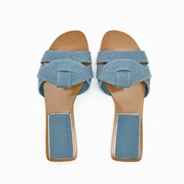 Blue Flat Slider TRAF Denim For Women Summer Round Toe Beach Slippers Female Outdoor Slip on Flats Sandals s