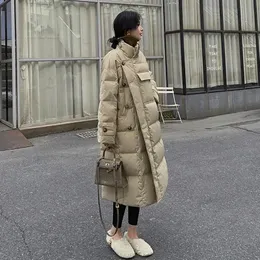 Damen-Daunenparkas, Stehkragen, winddichte Mäntel, Winterfrauen, Knöpfe, große Taschen, langer Parka, verdickte wärmere Baumwolljacke, koreanische Pufferjacke 231118