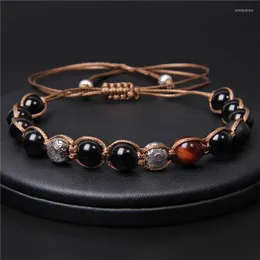 Strand Adjustable Men Beaded Bracelet Natural Stone Onyx Tiger Eye Beads Black Rope Braided Round Ball Lucky Jewelry