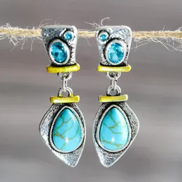 Kolczyki Dangle żyrandol Vintage Tybetańska srebrna kolor Turquoises Kodek niebieski kamień łańcuch dla kobiet biżuteria boho 2023 O3D264