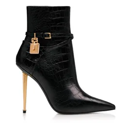 Stivaletti in pelle con lucchetto nero da donna eleganti per il nuovo inverno Stivaletti con chiave in pelle di vitello nera Stivaletti con chiave Lady Tom Ford Tacchi alti Abito da festa Moda Donna Boot Box