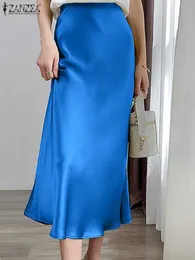 Kjolar zanzea mode kvinnor långa kjolar a-line hög midja satin kjol elegant fest jupe sundress solid faldas saia zipper vestido 2023 p230420