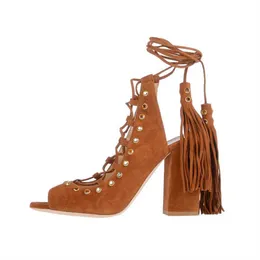 Sandaler Rom Style Ankel Rem Women's Peep Toe Women Shoes Summer Bohemian Square Heel Rivet Lace Up Luxury 230406