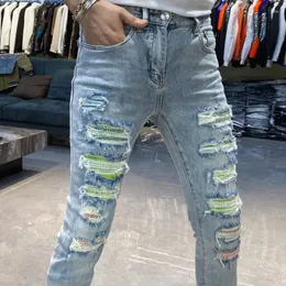 Men's Jeans Contrast Color Stitching Men Personality Hole Patch Jean Pant Streetwear Skinny Erkek Kot Pantolon Hombre