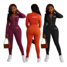 Calças femininas de duas peças Custom Crop Top Mulheres Sweatsuit Set Tracksuit Zip Up Fall Jogging Hoodie Sólidos Corredores