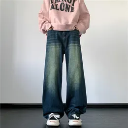Mäns jeans Autumn Dark Blue Retro Washed Par Lose Casual High Street Straight Drape Floor-Lengen bredbyxor