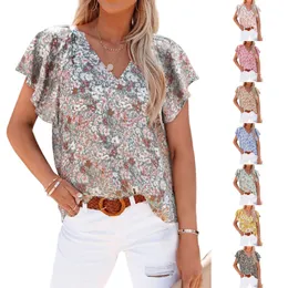 Women's T Shirts 2023 Summer Casual Fashion Vintage Floral Print V-neck Petal Short Sleeve Loose Pullover Shirt Sweet Fresh Blouse Women