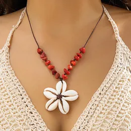 Pendant Necklaces Salircon Bohemian Acrylic Shell Choker Ethnic Geometry Red Stone Rope Chain Adjustable Necklace Women's Simple Jewelry