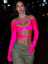 نساء Tshirt Spring Hollow Out Pink T Shirt Women Slash Slash Neck Long Longant y2k Cloths Bodycon مثير مشد عرضي أعلى 230420