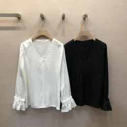 Kadın Bluzları 2023 Kadın Moda Lotus Yaprak Uzun Kollu Seksi Sıradan V yaka İpek Gömlek 0401