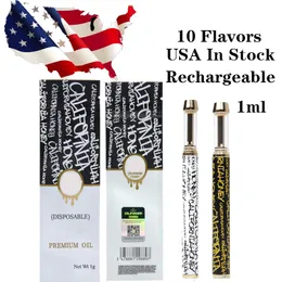 USA Stock E Cigarettes 10 Flavors California Honey Disposable Vape Pen Rechargeable Gold Atomizers 1ml Thick Oil Carts Cartridges Empty Packaging Micro USB