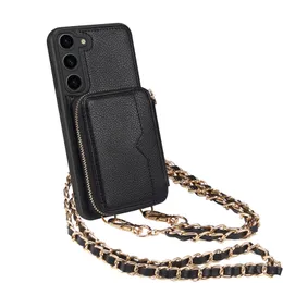 Lanyard Zipper Folio Vogue Handyhülle für iPhone 14 13 Pro Max Samsung Galaxy S23 Ultra S22 Plus Umhängetasche Mehrere Kartenfächer Solides Leder Brieftasche Kette Halterung Shell