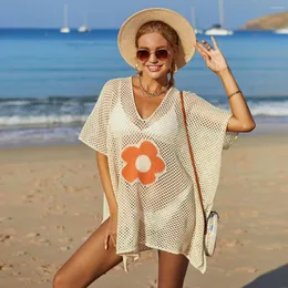 Costume da bagno da donna lavorato a maglia all'uncinetto da spiaggia copricostume bikini da donna costume da bagno per donna manica corta scollo a V fiore scavato fessura ampia costumi da bagno estivi