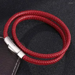 Bracelets de charme jóias modernas Pulseira de corda de couro de dupla camada vermelha para homens homens de aço inoxidável File de buchle Band Gift FR0497