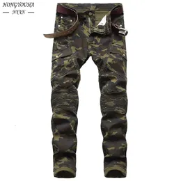 Mężczyźni s dżinsy moda wojskowa kamuflaż męski szczupły trend hip hop prosto armia zielona kieszonkowa dżinsowa marka marek 231120