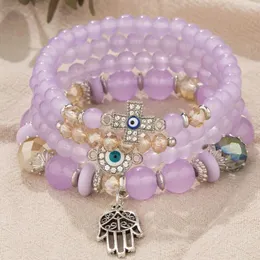 Strand Diezi Bohemian Purple Crystal Beads Armband For Women Girls Multilayer Palm Cross Eyes Elastic Rope Pulseira Feminina