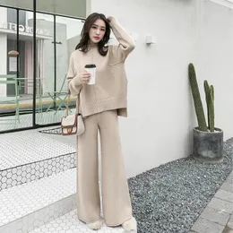 Womens Two Piece Pants Irregular split style sweater loose wide leg pants autumn and winter twopiece set womens lazy knit 231118