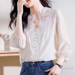 Women's Blouses Women's Three-Quarter Sleeve Chiffon Shirts Spring Tops 2023 Puff Sleeves Chic Beautiful Hollow Lace V Neck Blusas