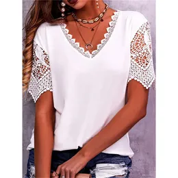 Women's T-Shirt Summer Lace Stitching Petal Sleeve V-Neck Short-Sleeved T-Shirt Women's Fashion Casual Loose Solid Color Vintage Blouse Tops 230420