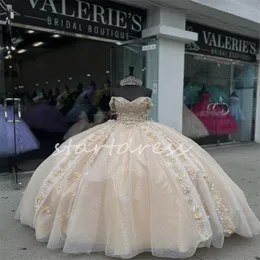 Lüks şampanya quinceanera elbiseler ile 3d çiçek kabarık balo elbisesi balo boncuk vestidos de xv anos on altı doğum günü partisi cadılar bayramı tatlı on elbise 2024