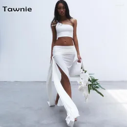 Vestidos de trabalho Tawnie White Bodycon Mulheres Vestido 2 Peças Conjunto Sexy Um ombro Tampa de Cultura Com Bandagem High Slit Maxi Saias Combinantes Conjuntos Combinantes