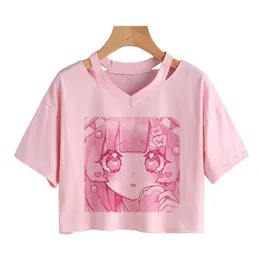 Kvinnor s t shirt kvinnor mode söta kläder kawaii tryck tee punk kort ärm avslappnad lös rosa anime grafik v nack skörd topp streetwear 230420