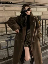 Cappotto da donna in pelliccia sintetica Lautaro Autunno Inverno lungo nero caldo spesso morbido visone cappotto donna doppio petto sciolto casual chic soffice soprabito 2023 231118