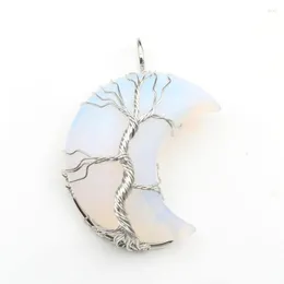 Pendant Necklaces Silver Plated Wire Wrap Tree Of Life Crescent Moon Opalite Opal Black Agates Transfer Lucky Gift Jewelry