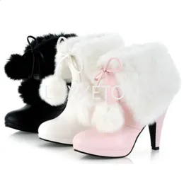 Boots Winter Womens Fashion High Heel Boots Pink White Black Fur Tassel Bowtie Lovely Lolita Ladies Party Wedding Shoes Size32-43 231118