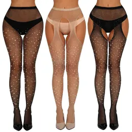 Sexy fishnet bodysuit strass malha vestido brilho cinta estiramento chemise nightwear diamante bodystocking para mulher