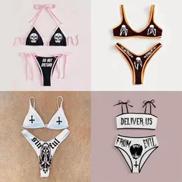 Kvinnors badkläder punk gotiska bokstäver tryck bikinis set sexig bikini 2023 kvinnor skalle mönster vneck mode baddräkt baddräkt 230420