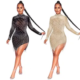 Women Fashion Tassel Mesh Sequin Diamonds Print Sexy BodyCon Dresses Side Slit Autumn Long Sleeve Club Lady Party Dress