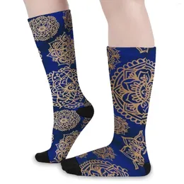Women Socks Beautiful Mandala Pattern Stockings Men Retro Blue Gold Bohemian Soft Funny Cycling Non-Slip Graphic